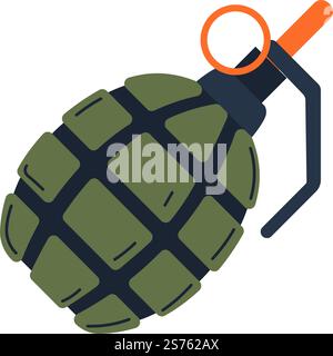 ?and grenade with rifle and shell projectile, muzzle and launcher. Weaponry and armament with detonator mechanism or systems, cotter pin. Isolated icon of explosive weapon. Vector in flat style. Bomb explosive weapons, hand grenade with rifle Stock Vector