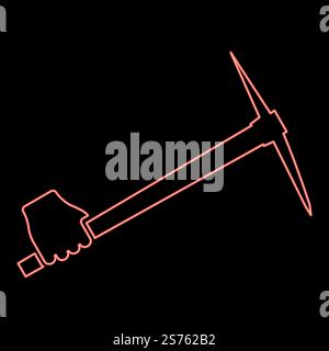 Neon pickaxe in hand tool in use Arm Digging and mining concept Industrial work Mattock quarry red color vector illustration image flat style light. Neon pickaxe in hand tool in use Arm Digging and mining concept Industrial work Mattock quarry red color vector illustration image flat style Stock Vector