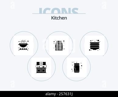 Kitchen Glyph Icon Pack 5 Icon Design. plates. kitchen. cook. pack. milk Stock Vector