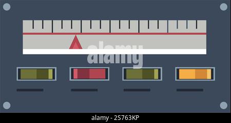 Switchers and buttons on control panel with display and measuring tape showing result. Turning on and off, adjusting settings on electronic or electric devices for work. Vector in flat style. Panel with measurement and switchers or buttons Stock Vector