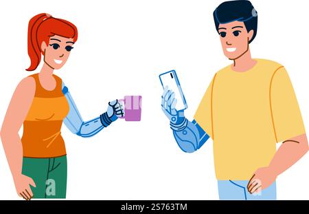 bionic arm vector. arm, technology, artificial, bionic, hand, cyborg, innovation robotic, science, future human, finger futuristic, machine robot prosthetic bionic arm character people flat cartoon illustration. bionic arm vector Stock Vector