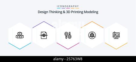Design Thinking And D Printing Modeling 25 Line icon pack including monitore. computer. research. designd. scale Stock Vector