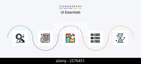 Ui Essentials Line Filled Flat 5 Icon Pack Including list. design. page. puzzle. component Stock Vector