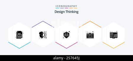 Design Thinking 25 Glyph icon pack including graphic. creativity. thinking. camera. shield Stock Vector
