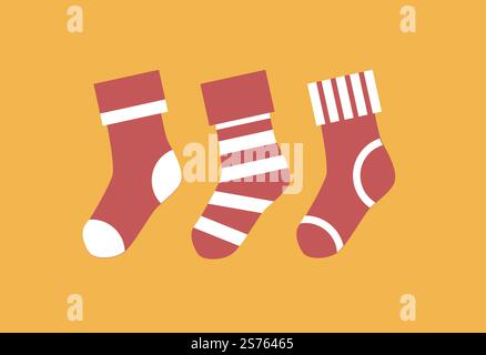 Handmade knitted socks with stripes decor. Knit footwear, knitwear for putting presents during winter holidays. Xmas and new year celebration, Christmas fun and traditions. Vector in flat style. Knitted socks for presents, winter seasonal fun Stock Vector