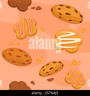 Biscuits and cookies, pastry and confectionery. Sweets and desserts, tasty meal with chocolate chips and raisings, cream. Seamless pattern, background or wallpaper print. Vector in flat style. Cookies and biscuits pattern, seamless prints Stock Vector