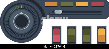 Control panel with buttons and knobs, indicators and elements of electronic or electric equipment. Isolated controller levers or switchers for turning on and off. Vector in flat style illustration. Panel with buttons for adjustment and setting Stock Vector