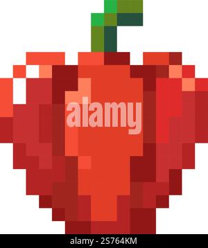 Bell pepper or paprika product, pixel vegetable with green stem. Veggies organic and natural meal, food for dieting and nutrition. Pixelated isolated icon, 8 bit game design, Vector in flat style. Paprika or bell pepper, pixelated 8 bit design Stock Vector