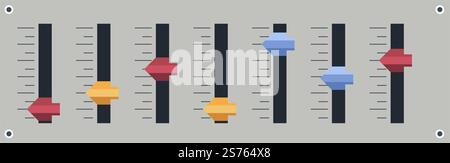 Mixing sound system with switchers and toggles for changing music volume. Isolated equalizer part of electric or electronical construction or equipment for industry work, Vector in flat style. Panel with toggle switchers, mixing sound system Stock Vector