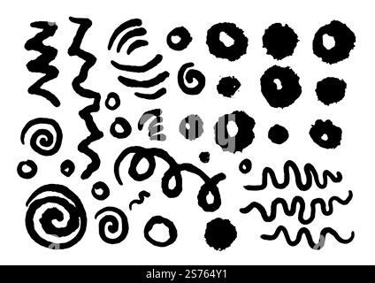 Drawing and painting of straight and curved lines and prints. Dots and patterns, circles and waves abstract shapes and forms for decoration. Motives and ornaments for decor. Vector in flat style. Abstract drawing, lines and dots prints vector Stock Vector