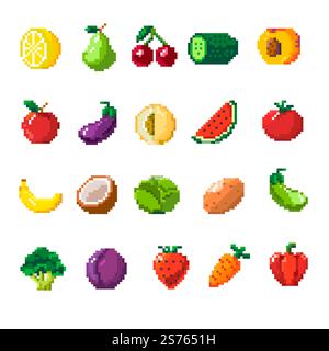 Vegetables and fruits in pixel motif. Lemon and cherries, pear and cucumber, pear and aubergine, watermelon and coconut, strawberries. Pixelated isolated icon, 8 bit game design, Vector in flat style. Pixelated fruits and vegetables, veggies vector Stock Vector