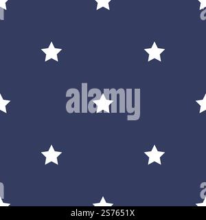 Glowing stars, ornamental or decorative motif for adornment. Celestial body at night sky. Seamless pattern, wallpaper or wrapping paper decor, textile background prints. Vector in flat style. Stars celestial bodies decorative pattern print Stock Vector