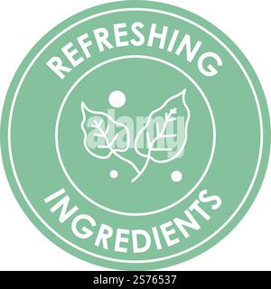 Ecologically friendly content and refreshing ingredients of cosmetics for treatment and care for skin and body. Nature and ecological awareness. Label or emblem for package, vector in flat style. Refreshing ingredients, ecological content label Stock Vector