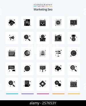 Creative Marketing Seo 25 Glyph Solid Black icon pack  Such As monitor. quality. review. target. premium Stock Vector