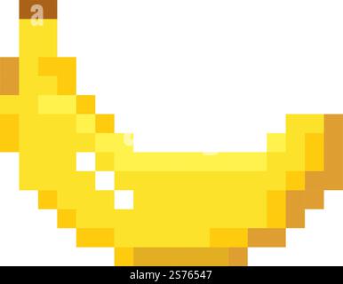 Banana pixel art, a sign of tropical or exotic fruit. Dieting and nourishment, nutrition and balanced meal eating consumption. Pixelated isolated icon, 8 bit game design, Vector in flat style. Ripe banana fruit, pixelated design for 8 bit game Stock Vector