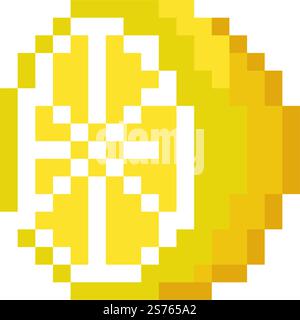 Lemon, pixel sliced fruit with sour taste. Food ingredients for cooking and preparing meals, ecological and natural products. Pixelated isolated icon, 8 bit game design, Vector in flat style. Sliced fruit, pixelated lemon icon 8 bit style Stock Vector