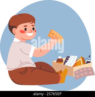 Keep away kid from danger, isolated toddler playing with medicine. Curious infant with box of pills and syrups against flu. Risk of swallowing antibiotics and hurting oneself. Vector in flat style. Baby playing with medicine, keep away from danger Stock Vector