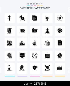 Creative Cyber Spot And Cyber Security 25 Glyph Solid Black icon pack  Such As prize. award. trojan. registration. list Stock Vector