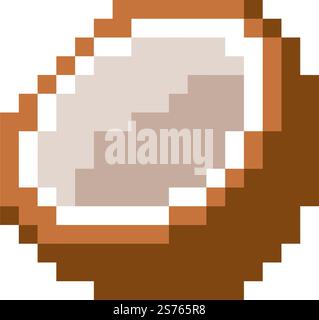 Exotic or tropical coconut fruit sign for playing interface. Organic and natural product, ingredients for desserts and meals food. Pixelated isolated icon, 8 bit game design, Vector in flat style. Tropical or exotic coconut fruit, pixel art design Stock Vector