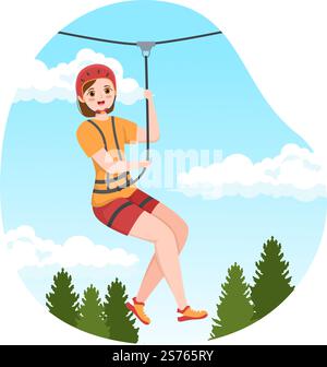 Zip Line Illustration with Visitors Walking on an Obstacle Course and Outdoor Rope Adventure Park in Forest in Flat Cartoon Hand Drawn Templates Stock Vector