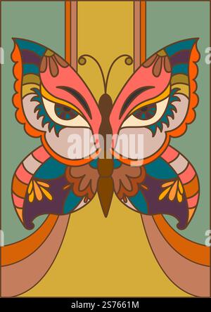 Butterfly with wings print reminding human face. Optical and visual illusion. Abstract insect with colorful pattern. Wildlife and unique species. Cartoon bug with antennae. Vector in flat style. Abstract butterfly, optical illusion of human face Stock Vector