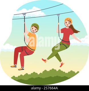 Zip Line Illustration with Visitors Walking on an Obstacle Course and Outdoor Rope Adventure Park in Forest in Flat Cartoon Hand Drawn Templates Stock Vector
