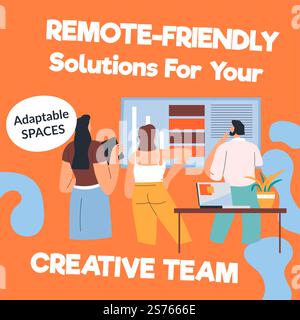 Coworking and application for creative team. Remote friendly solutions for employees from office. People working on projects together. Adaptable spaces for teamwork workers. Vector in flat style. Remote friendly solutions for your creative team Stock Vector