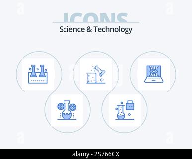 Science And Technology Blue Icon Pack 5 Icon Design. science lab. chemical science. science folder. test tube. lab flask Stock Vector