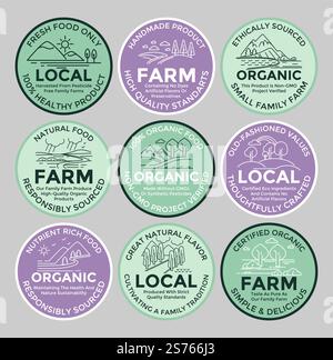 Packaging label design set for local farm product. Round colorful sticker collection with line landscape, vector illustration. Organic high quality standart food template emblem, natural production. Packaging label design set for local farm product Stock Vector