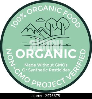 Organic food and ingredients made without gmo or synthetic pesticides. Natural and tasty meal, verified by specialists and professionals. Product label or emblem for package. Vector in flat style. Non gmo project verified, organic food labels Stock Vector