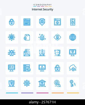 Creative Internet Security 25 Blue icon pack  Such As document. internet. . globe. security Stock Vector