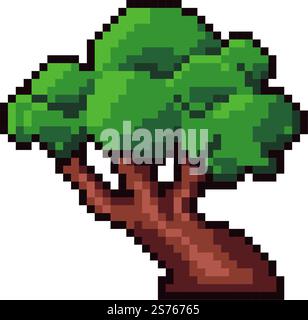 Setting for play, tree with green leaves and branches, twigs and foliage. Nature and flora of forest and woods, plants. Pixelated isolated icon for 8 bit game, retro design. Vector in flat style. Pixelated tree with wide trunk, game settings Stock Vector