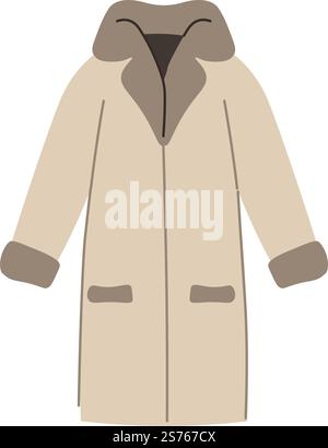 Winter fur coat for cold season, isolated clothes with long sleeves, pockets and hood protecting from frost and wind. Stylish and fashionable apparel or outerwear pieces. Vector in flat style. Fur coat for winter for women, clothes vector Stock Vector