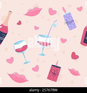 Aromatic candle light and glasses filled with wine, champagne and hearts, lips with gloss. Romantic date, Saint Valentines day. Seamless pattern or background print, wallpaper. Vector in flat style. Romantic print, wineglasses and candle lights Stock Vector