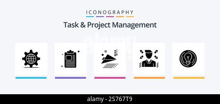 Task And Project Management Glyph 5 Icon Pack Including . man . paper. businessman . plane. Creative Icons Design Stock Vector