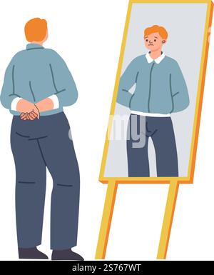 Embracing good and bad sides of personality, isolated male character looking at reflection in mirror. Man or teenager with upset facial expression. Personage with self esteem. Vector in flat style. Man looking at reflection in mirror, self embrace Stock Vector