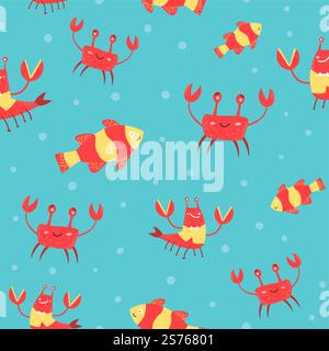 Clown fish and crabs, marine and underwater animals living in the sea or ocean. Aquarium species and bubbles of water, Seamless pattern or wallpaper, background or print. Vector in flat style. Crab and clown fish, aquarium seamless pattern Stock Vector