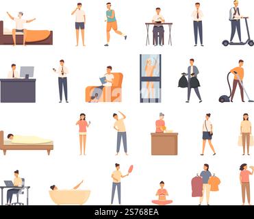 Daily routine icons set cartoon vector. Daily life. School boy. Daily routine icons set cartoon vector. Daily life Stock Vector