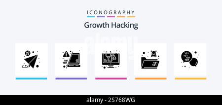 Hacking Glyph 5 Icon Pack Including code. folder. warn. death. virus. Creative Icons Design Stock Vector