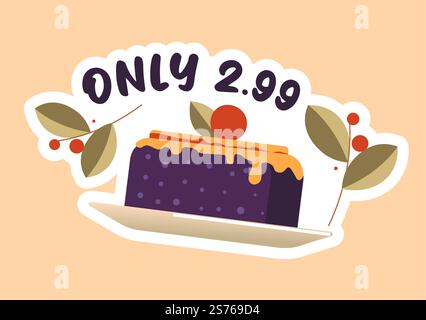 Cake promotion and discounts in cafe or cafeteria, restaurant or bistro. Tasty dessert with biscuit, cherries and mousse or jam topping. Advertisement and marketing, vector in flat style illustration. Cafe and bakery cakes promotion and discounts Stock Vector