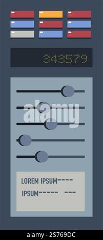 Control panel with display showing numbers, toggles and buttons, and knobs for adjusting and making settings. Electric or electronic instrument device, industry or factory. Vector in flat style. Panel with display and buttons, indicators vector Stock Vector