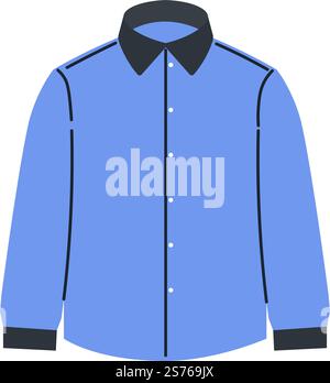 Classic men shirt for work, isolated clothes for males. Garment with collar and long sleeve, buttons, and soft fabric. Piece of clothing, fashion, and design collection. Vector in flat style. Clothing for men, formal shirt official clothes Stock Vector