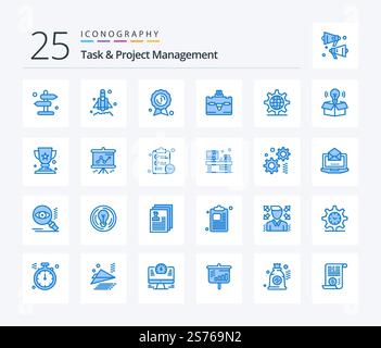 Task And Project Management 25 Blue Color icon pack including setting. internet. award badge. gear. tourist Stock Vector