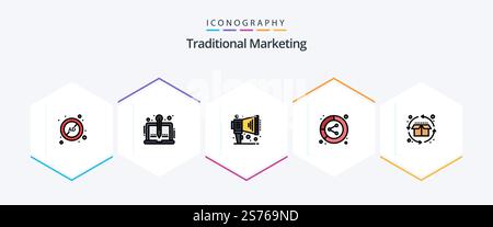 Traditional Marketing 25 FilledLine icon pack including share. data. storytelling. conversion. speaker Stock Vector