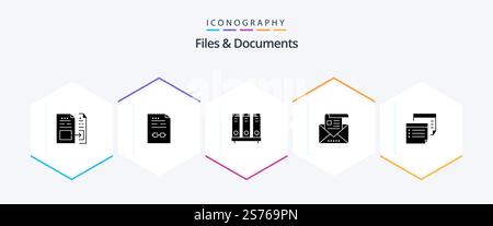 Files And Documents 25 Glyph icon pack including email. address. contract. file. database Stock Vector