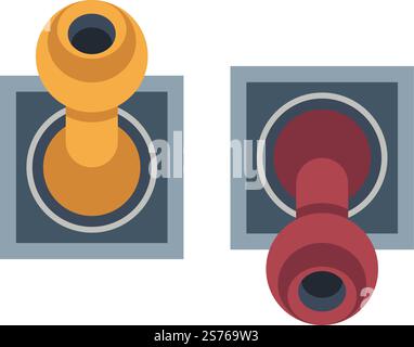 Electronic equipment and devices parts and components, isolated levers for turning on and off. Switchers for controller, industry, and factory buttons details of panels. Vector in flat style. Lever or switcher for turning on and off vector Stock Vector