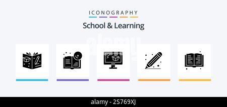 School And Learning Glyph 5 Icon Pack Including . read. cap. book. school. Creative Icons Design Stock Vector