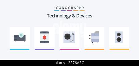 Devices Flat 5 Icon Pack Including technology. electronics. devices. devices. vinyl. Creative Icons Design Stock Vector