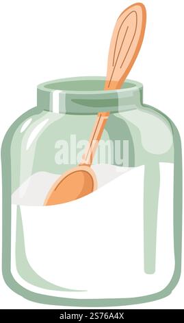 Addition to beverages, isolated glass jar filled with sugar. Wooden spoon for adding sweetness to tea or coffee. Cafe or home kitchenware and details on kitchen table, interior. Vector in flat style. Sugar in glass jar with wooden spoon, icon vector Stock Vector