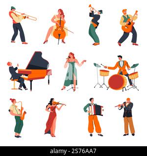 Performers playing on musical instruments, isolated man and woman singing and performing on drums. Piano and violin, saxophone and acoustic guitar. Vector in flat style, concerts or festivals. Musicians and performers with instruments vector Stock Vector